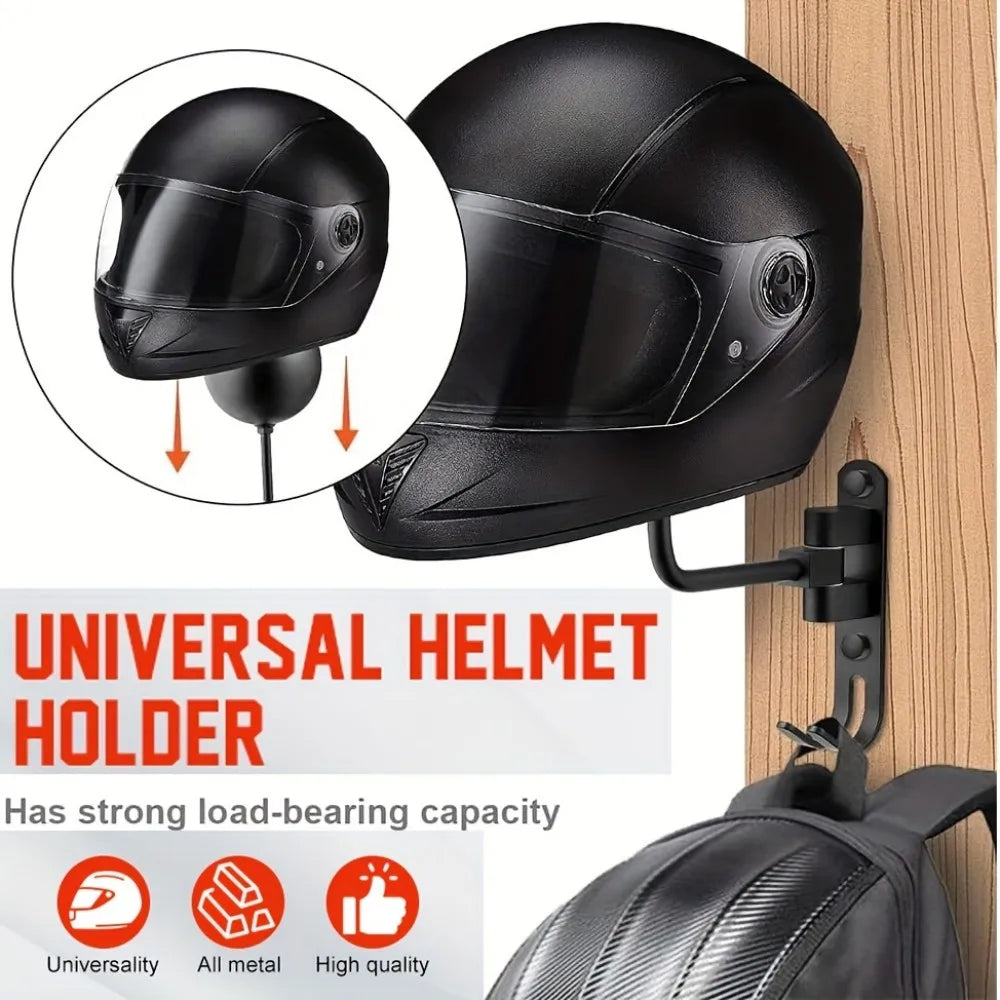 Black helmet holder demonstrated with a motorcycle helmet and text highlighting universal fit and metal construction