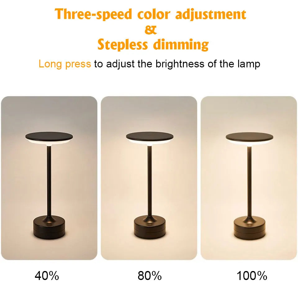 Three identical LED touch lamps showing dimmable brightness levels at 40%, 80%, and 100%