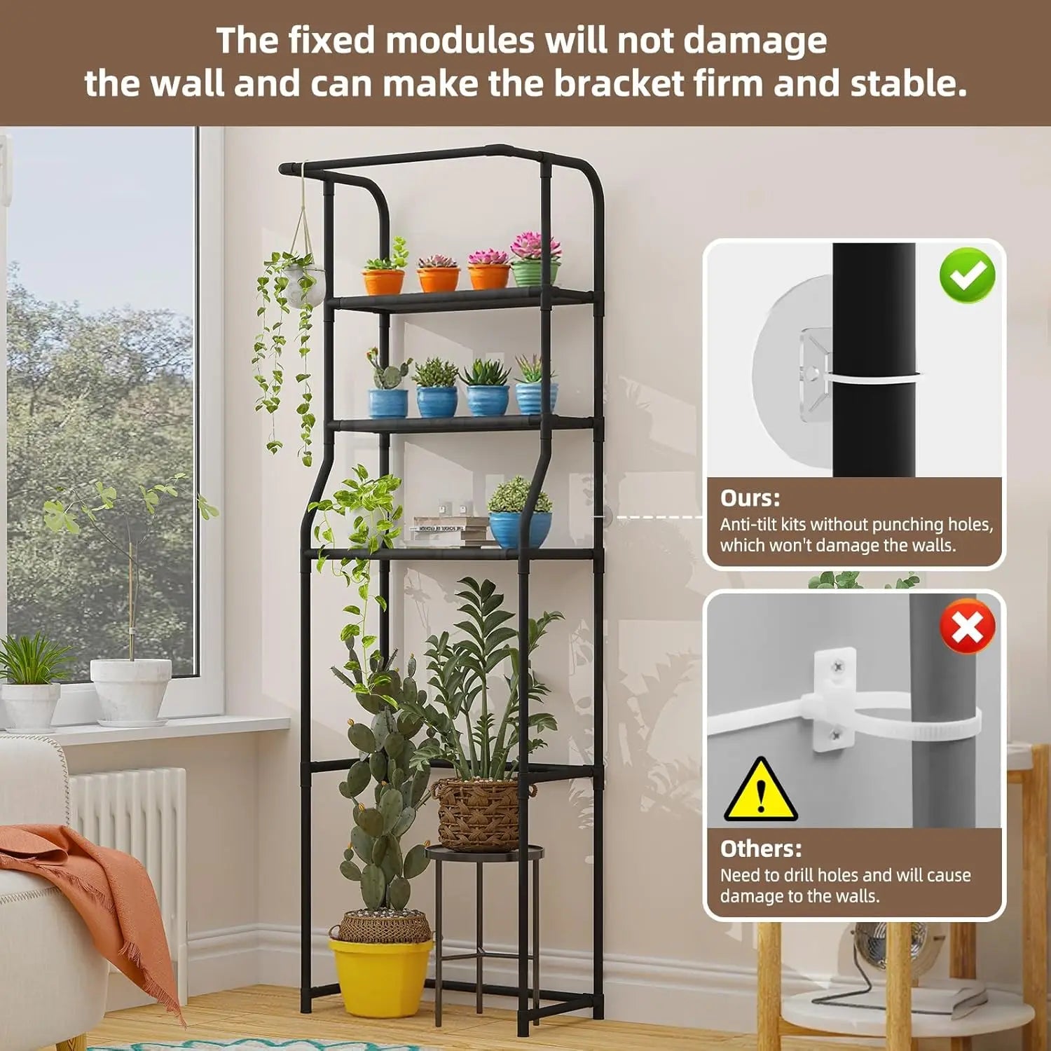 Black over-toilet storage shelf used as a plant stand with wall-friendly anti-tip feature closeup