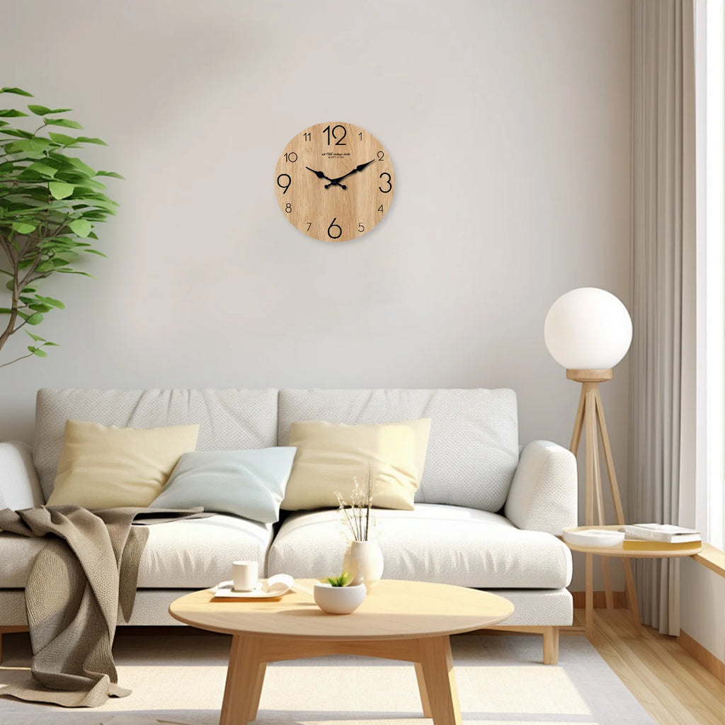 wood grain wall clock displayed above a modern living room sofa