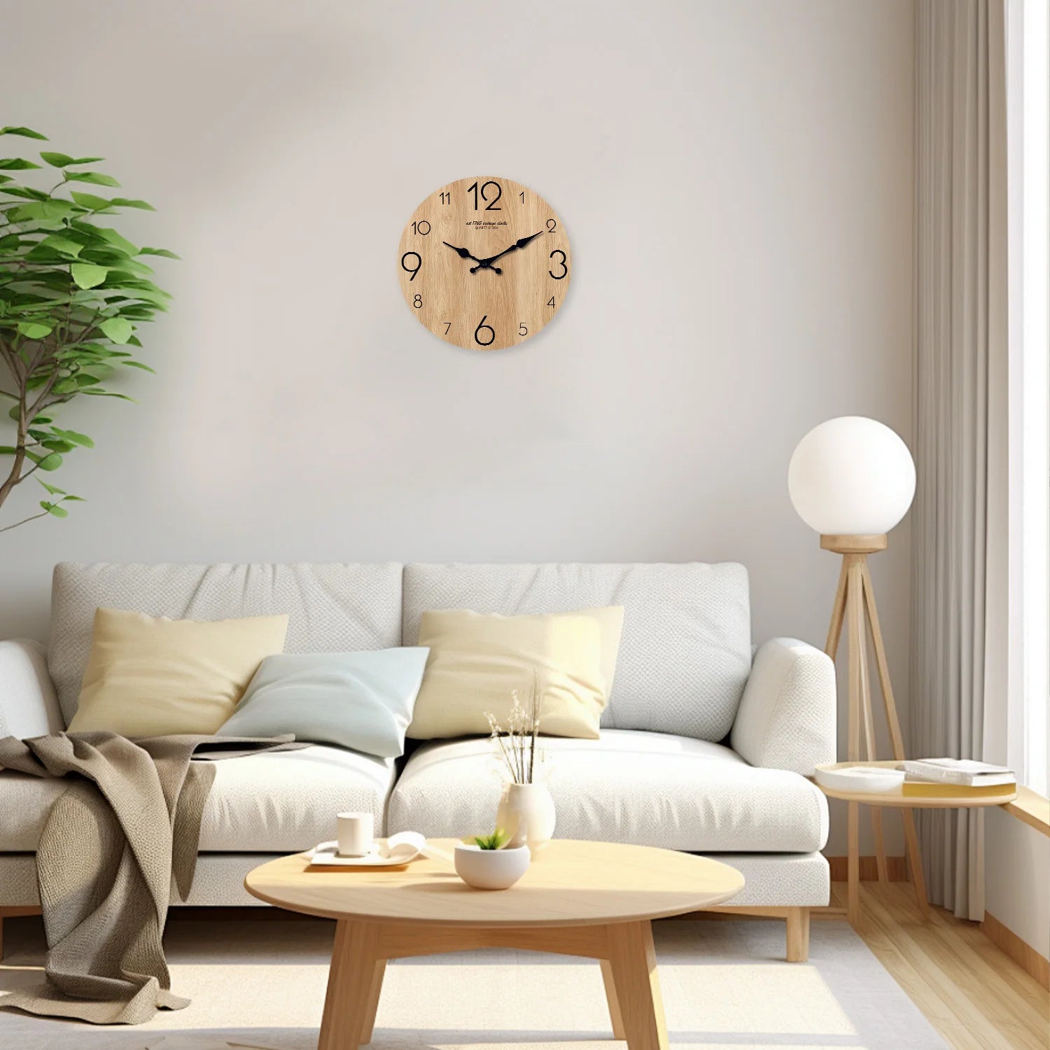 wood grain wall clock displayed above a modern living room sofa
