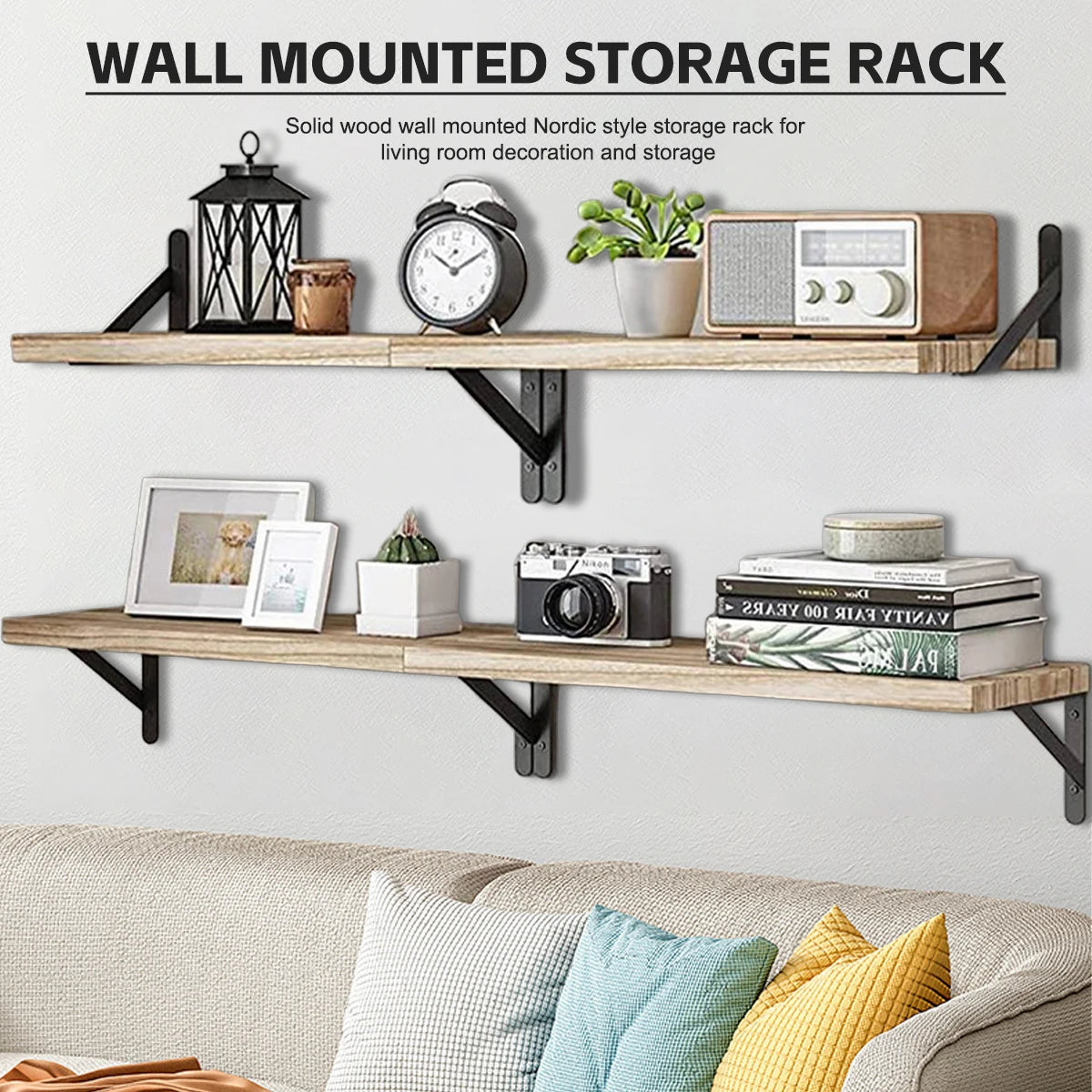 Wall-Mounted Wooden Floating Shelves with Black Brackets