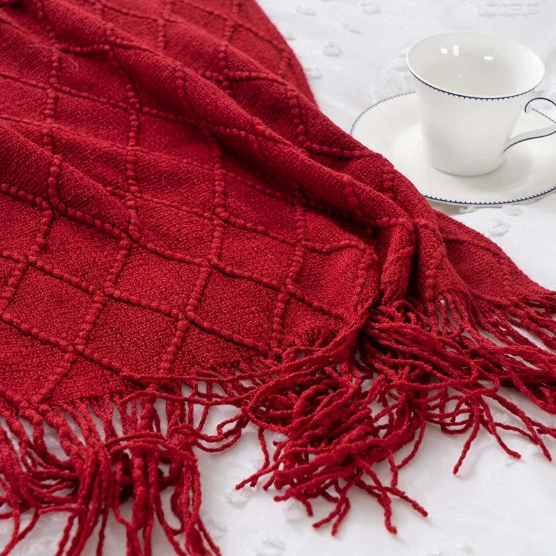 Nordic Knit Acrylic Throw Blanket with Tassels for Bed, Sofa, and Cozy Winter Decor