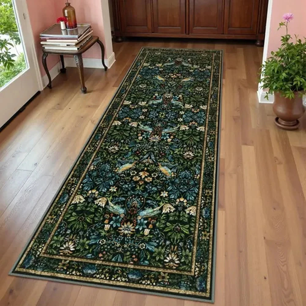 Woodland Botanical Green Runner Rug – Vintage Style Non-Slip Washable Hallway Carpet for Entryway, Bedroom or Living Room