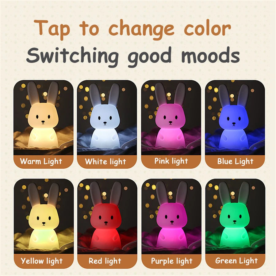 bunny silicone night light with eight color changing options displayed