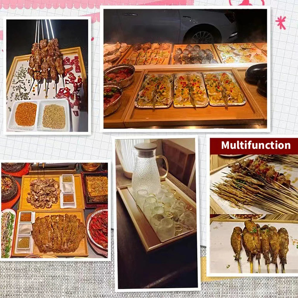 Collage of wood trays used for serving appetizers, drinks, and barbecue foods