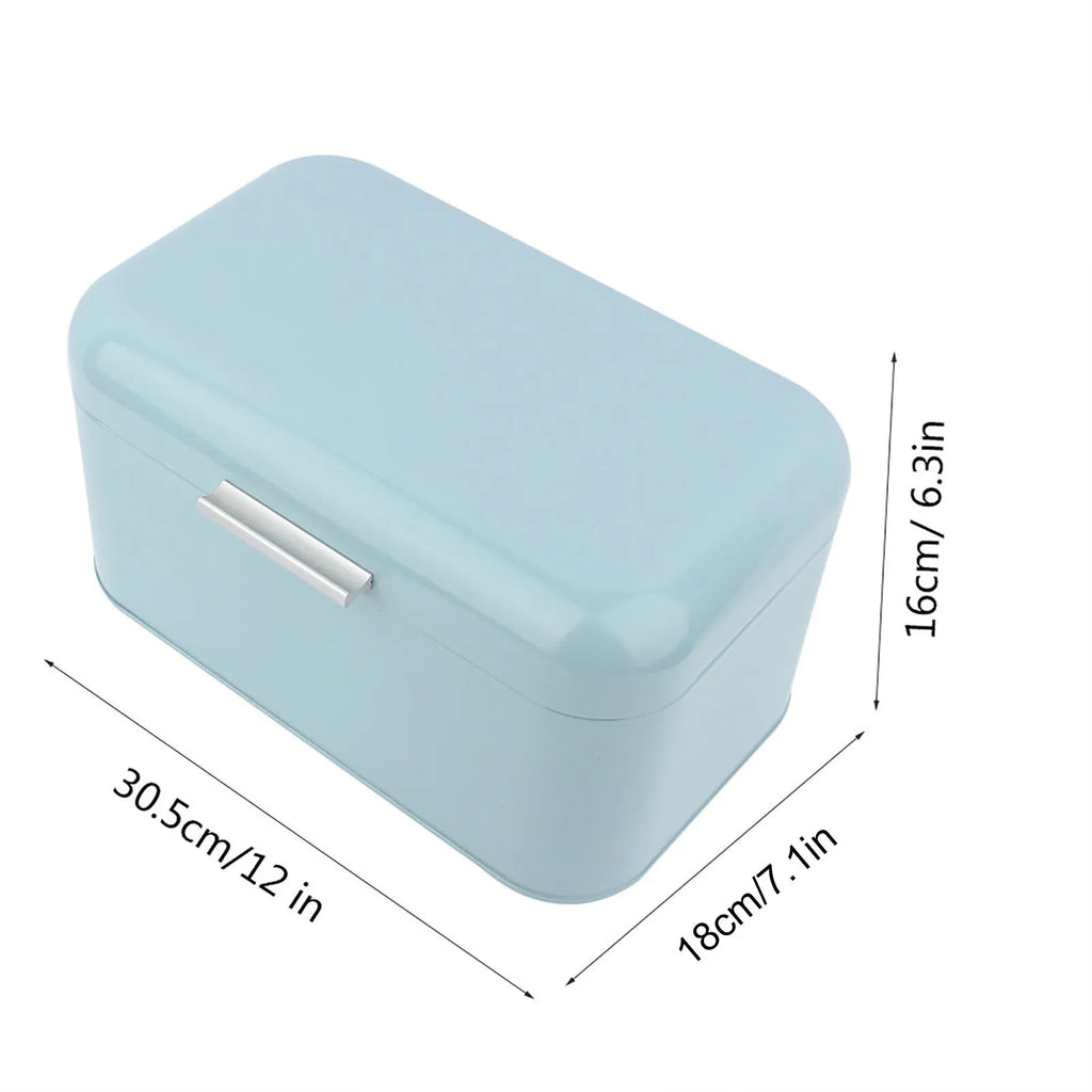 Blue metal bread box with lid closed and dimensions marked