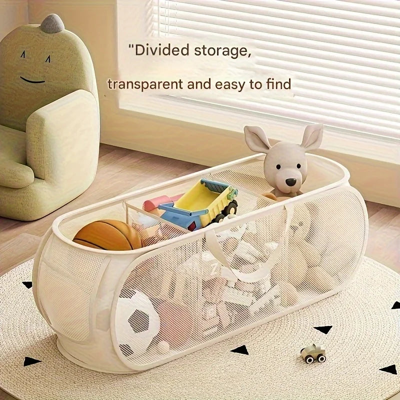 Long, divided mesh toy organizer on a round rug in a sunlit room, filled with various toys and plush animals