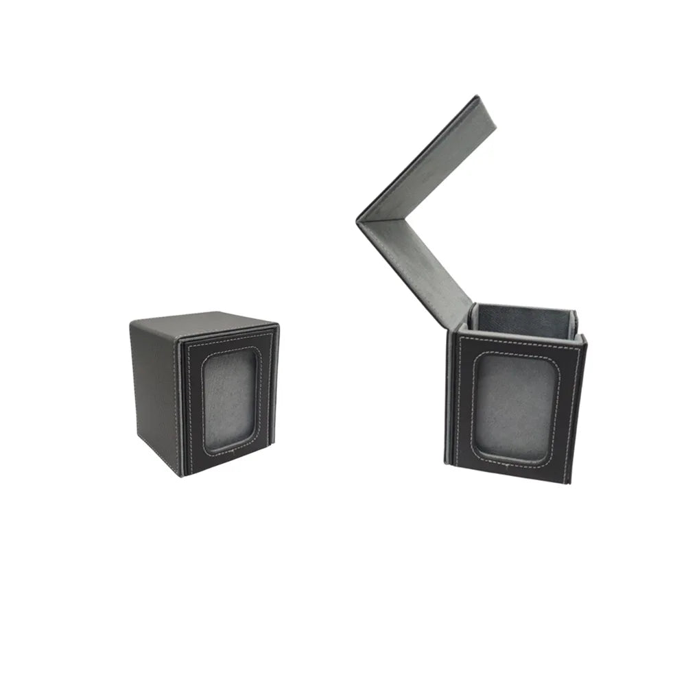 Black card deck storage box with magnetic lid, shown closed and open