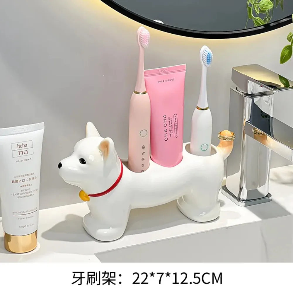Dog-Shaped Ceramic Toothbrush Holder for Bathroom Counter