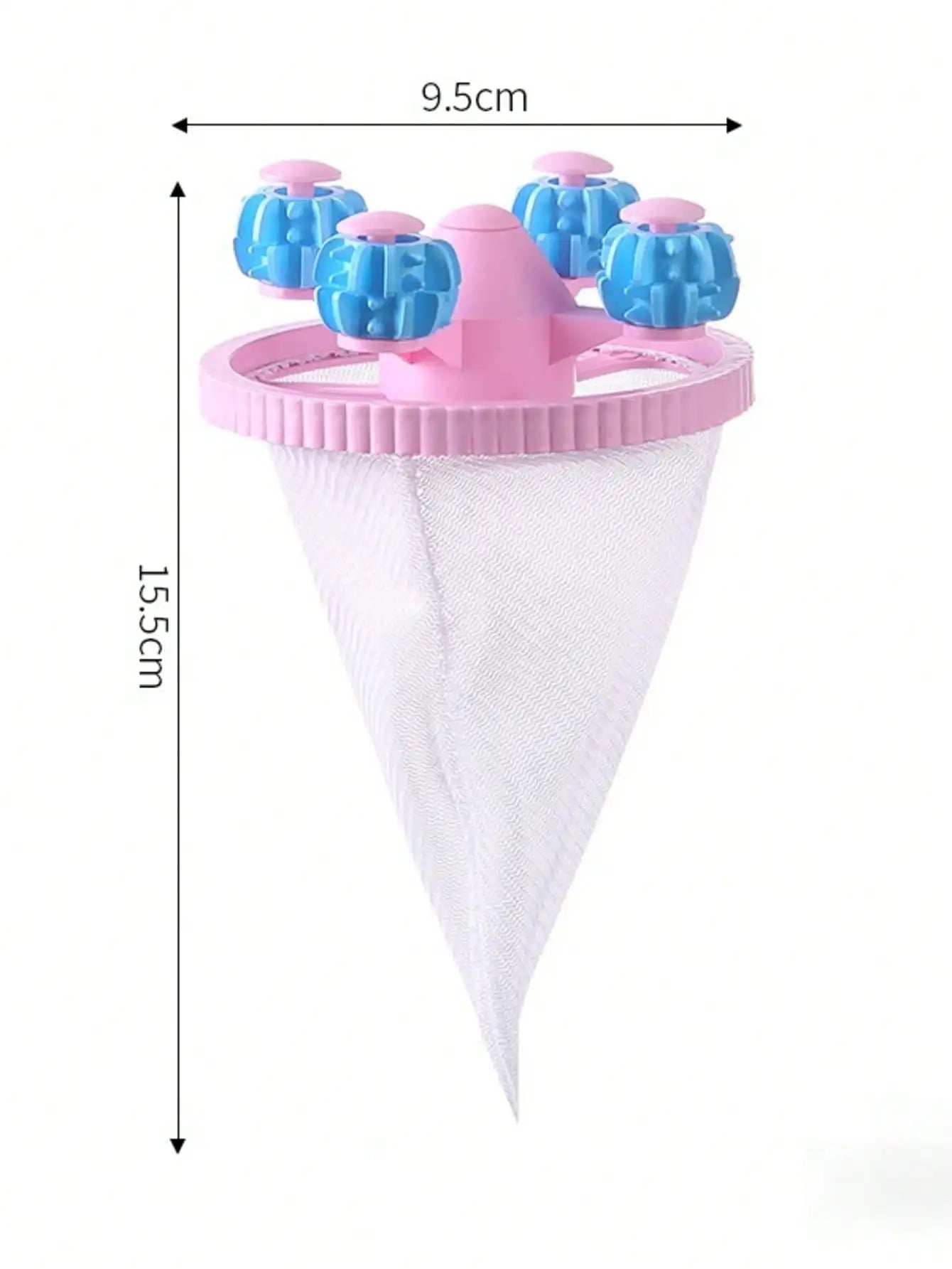Pink lint catcher ball with mesh bag, dimensions labeled 9.5 cm by 15.5 cm