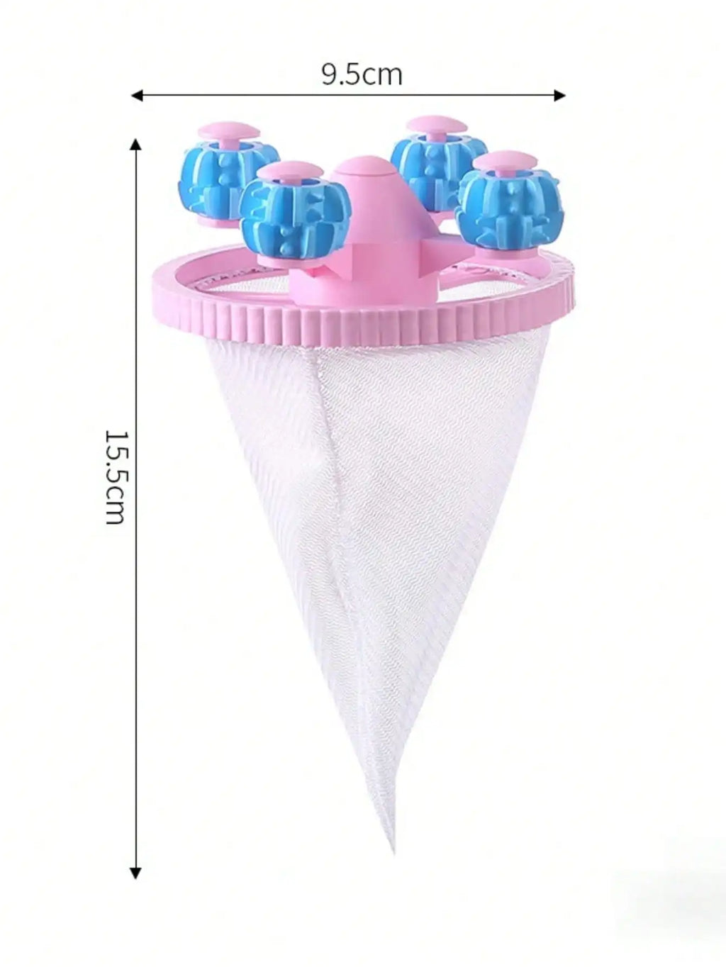 Pink lint catcher ball with blue rollers and white mesh net; labeled dimensions 9.5cm by 15.5cm