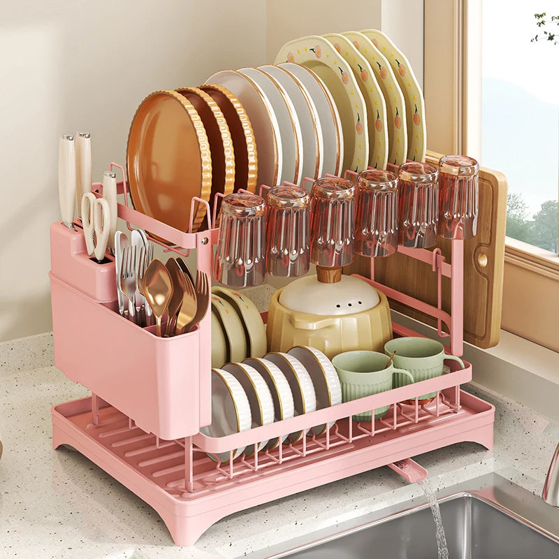 2-Tier Dish Drying Rack with Self-Draining Board for Kitchen Counter