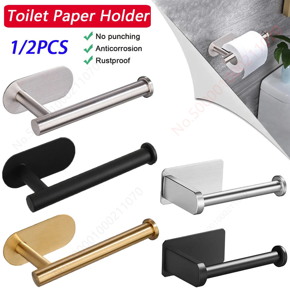 Stainless steel adhesive toilet paper holders in black, gold, and silver finishes, shown in bathroom and kitchen settings