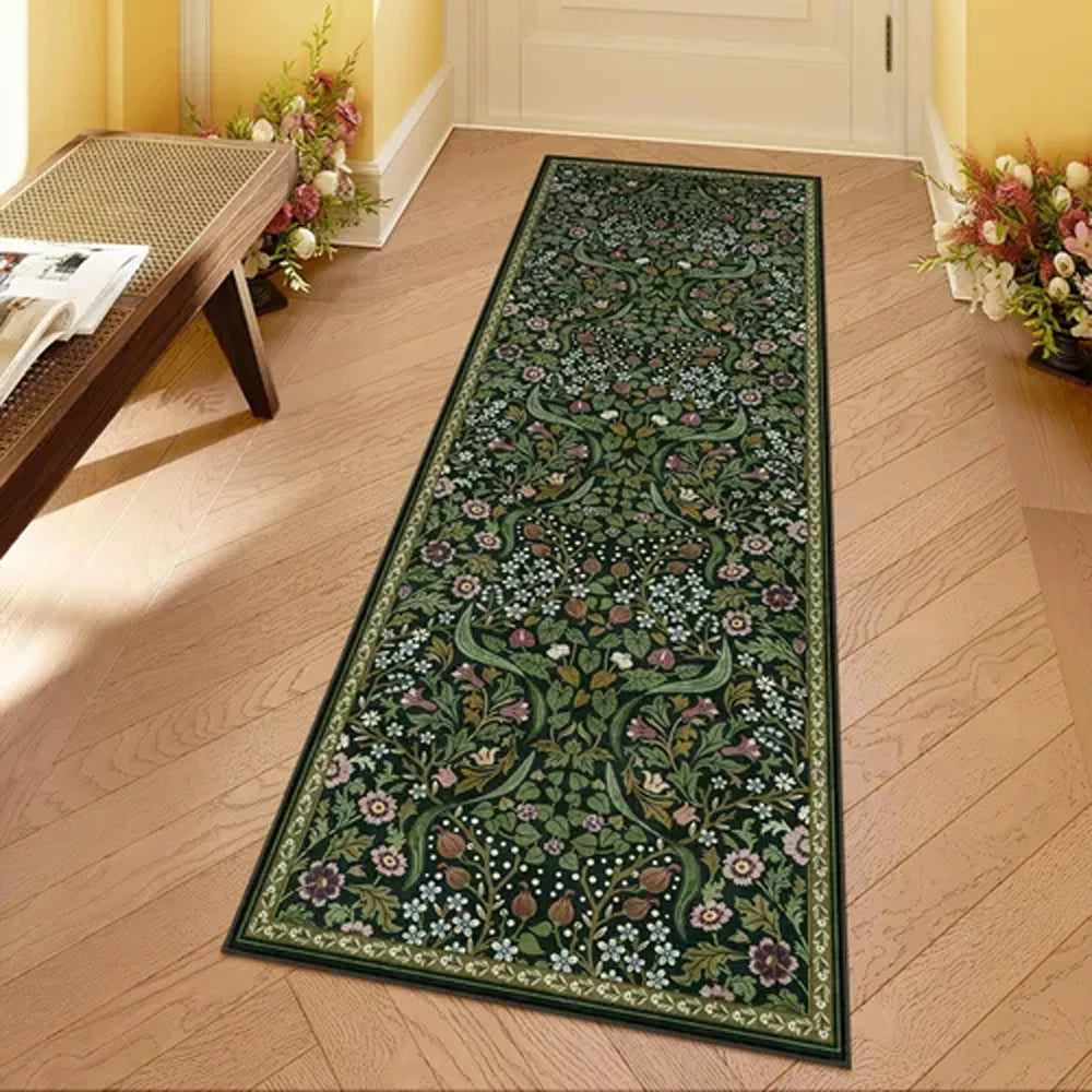 Woodland Botanical Green Runner Rug – Vintage Style Non-Slip Washable Hallway Carpet for Entryway, Bedroom or Living Room