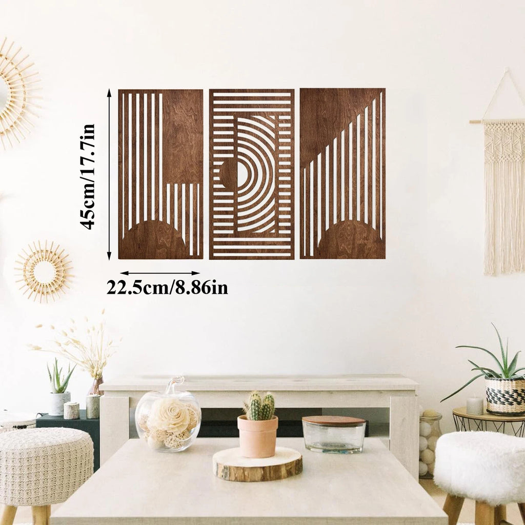 Three geometric wood wall panels with size overlay: 45cm by 22.5cm each