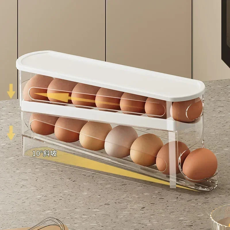 Double-layer rolling egg organizer on a kitchen countertop, showing the angled design for rolling eggs