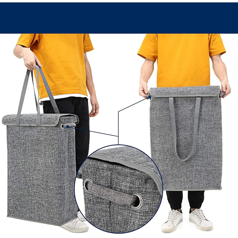 Person holding grey slim laundry hamper by the handles and displaying its size, with close-up of grommet and handle attachment
