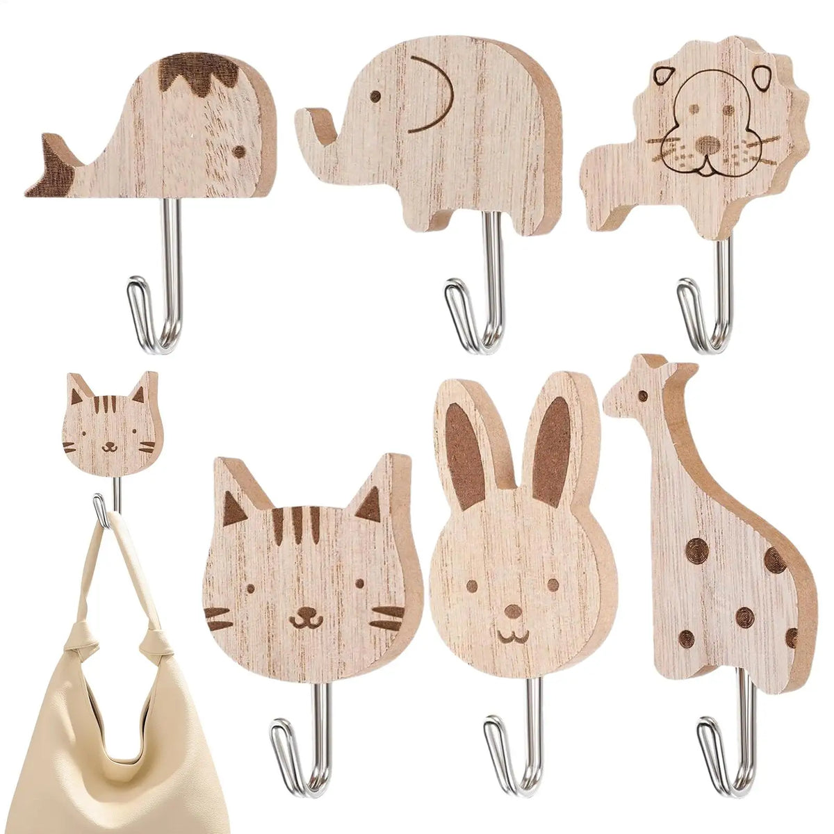 six bamboo animal wall hooks with metal hooks, including elephant, whale, lion, two cats, rabbit, and giraffe designs on a plain background
