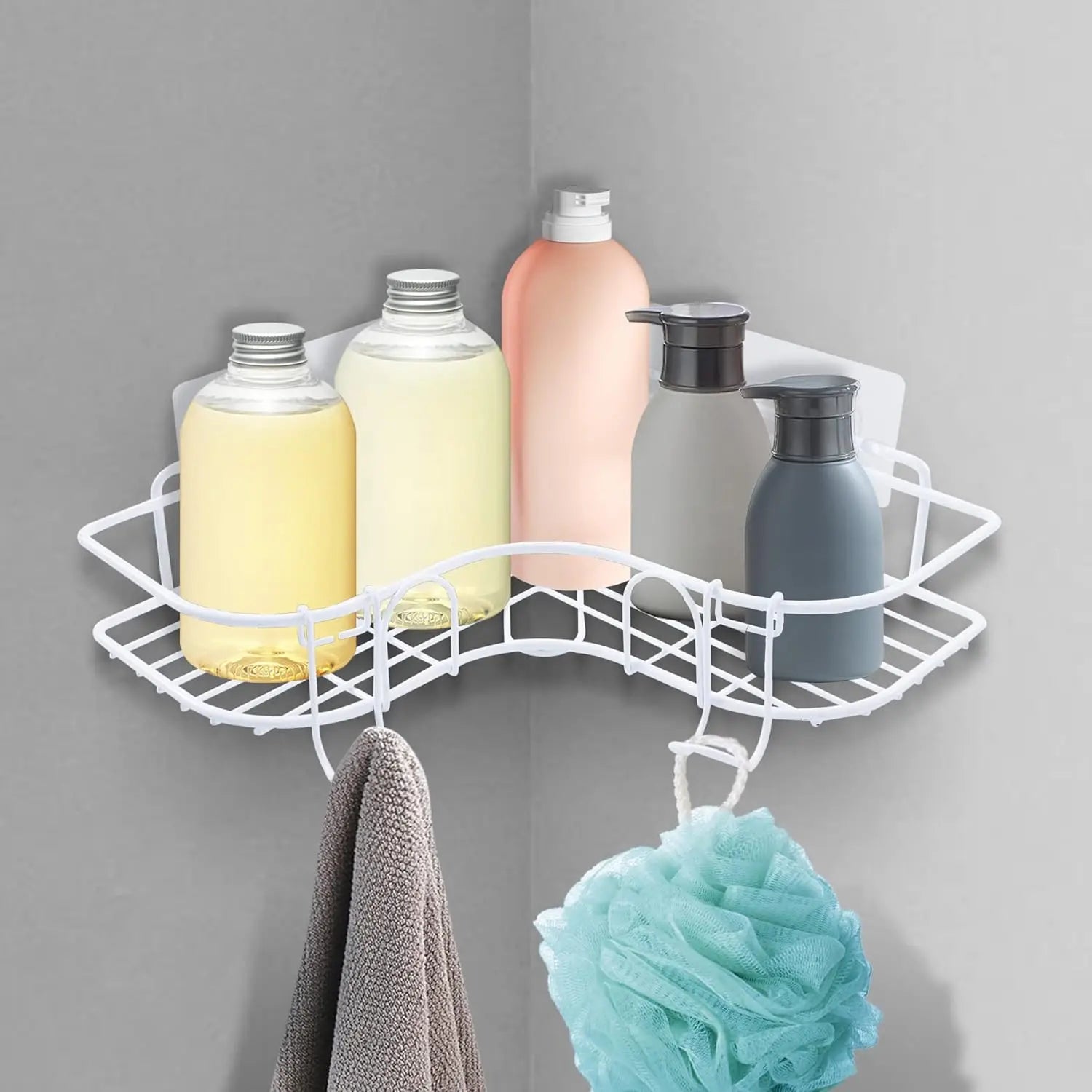 Wall-Mounted Corner Shelf with Removable Hooks for Shower or Kitchen