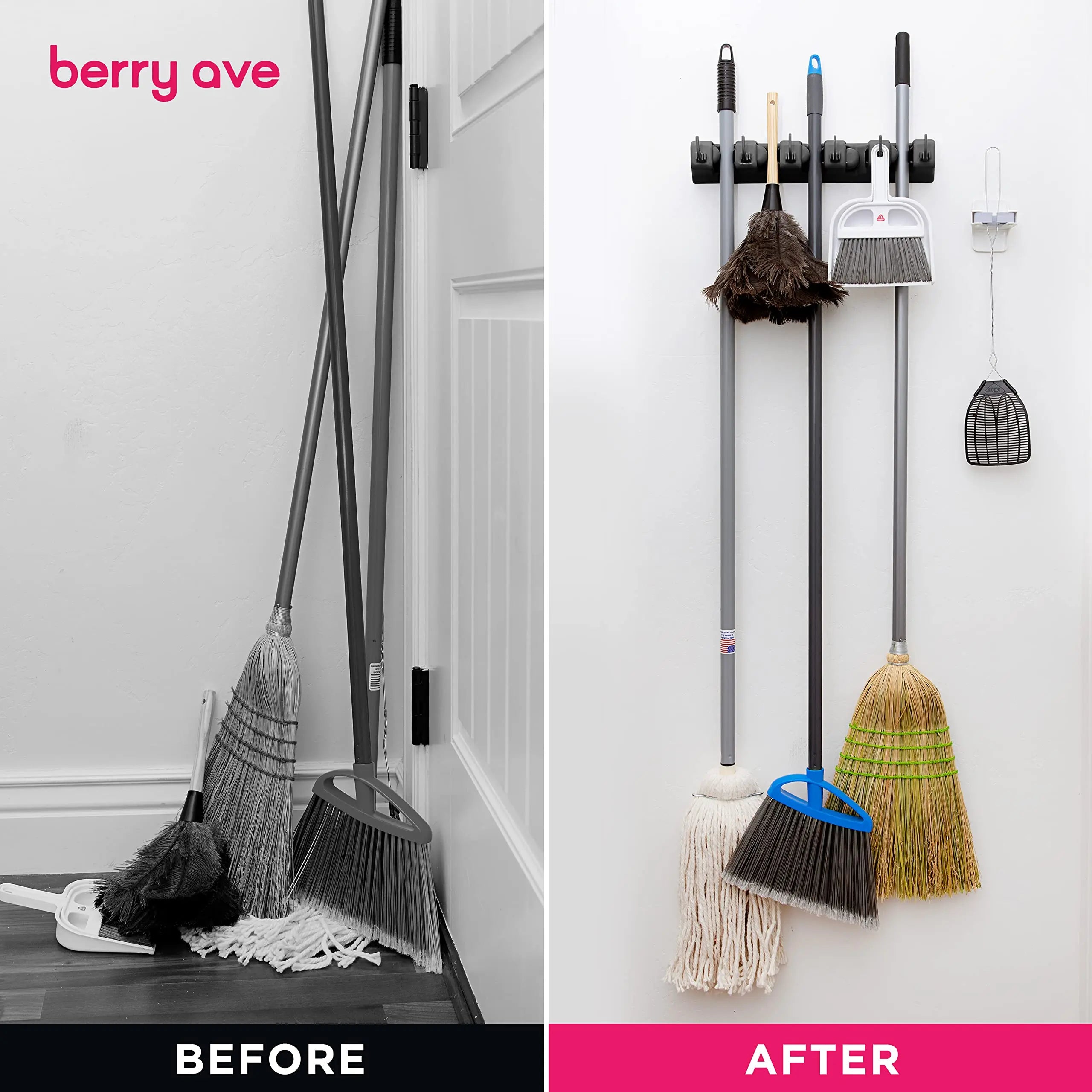 Before and after view of broom and mop storage using wall-mounted organizer rack