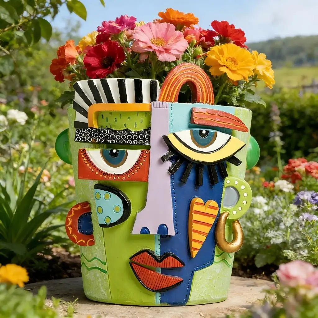 abstract face planter pot with bright flowers outdoors in a garden setting