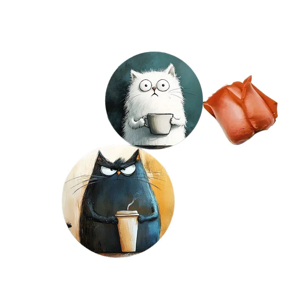Whimsical Cat Print Wood Coaster Set of 4 for Coffee, Tea & Cozy Living Room Decor