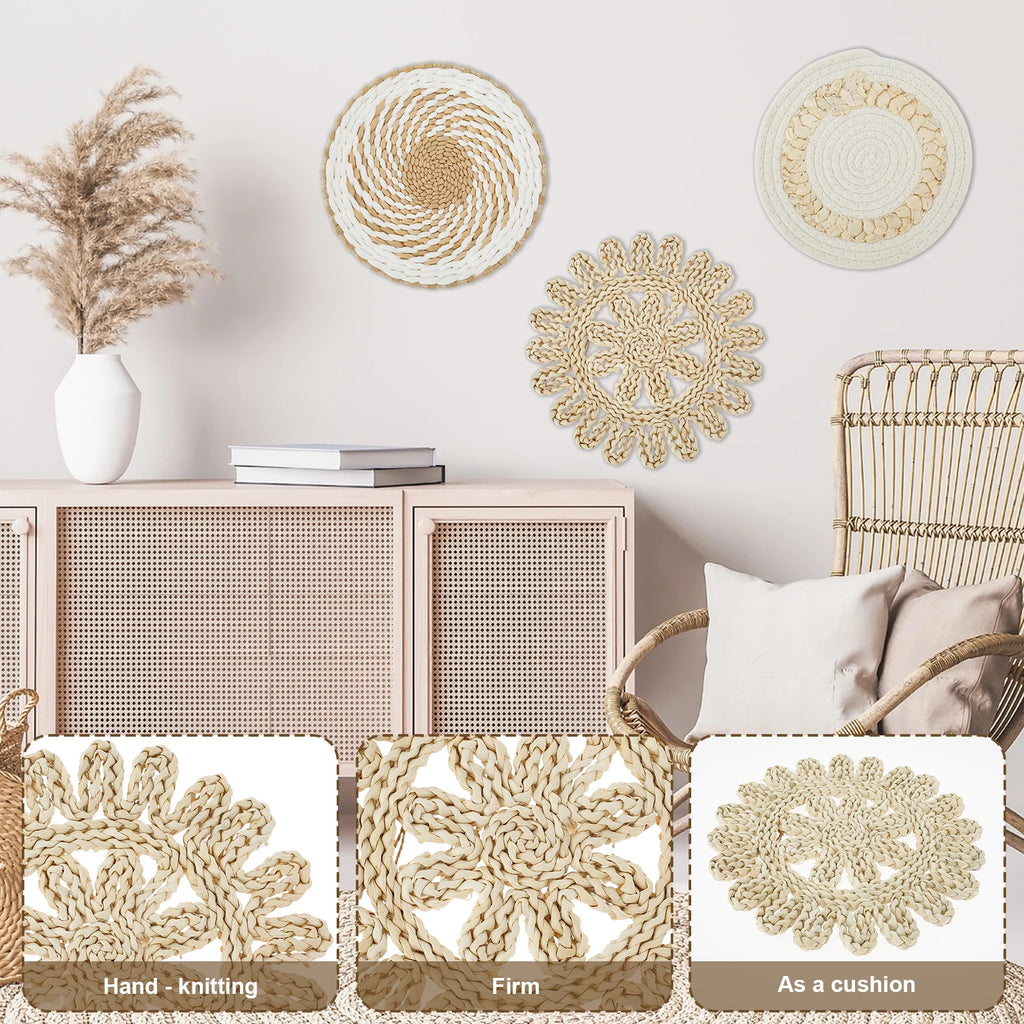 Three woven baskets displayed on a wall above a sideboard; close-up texture views