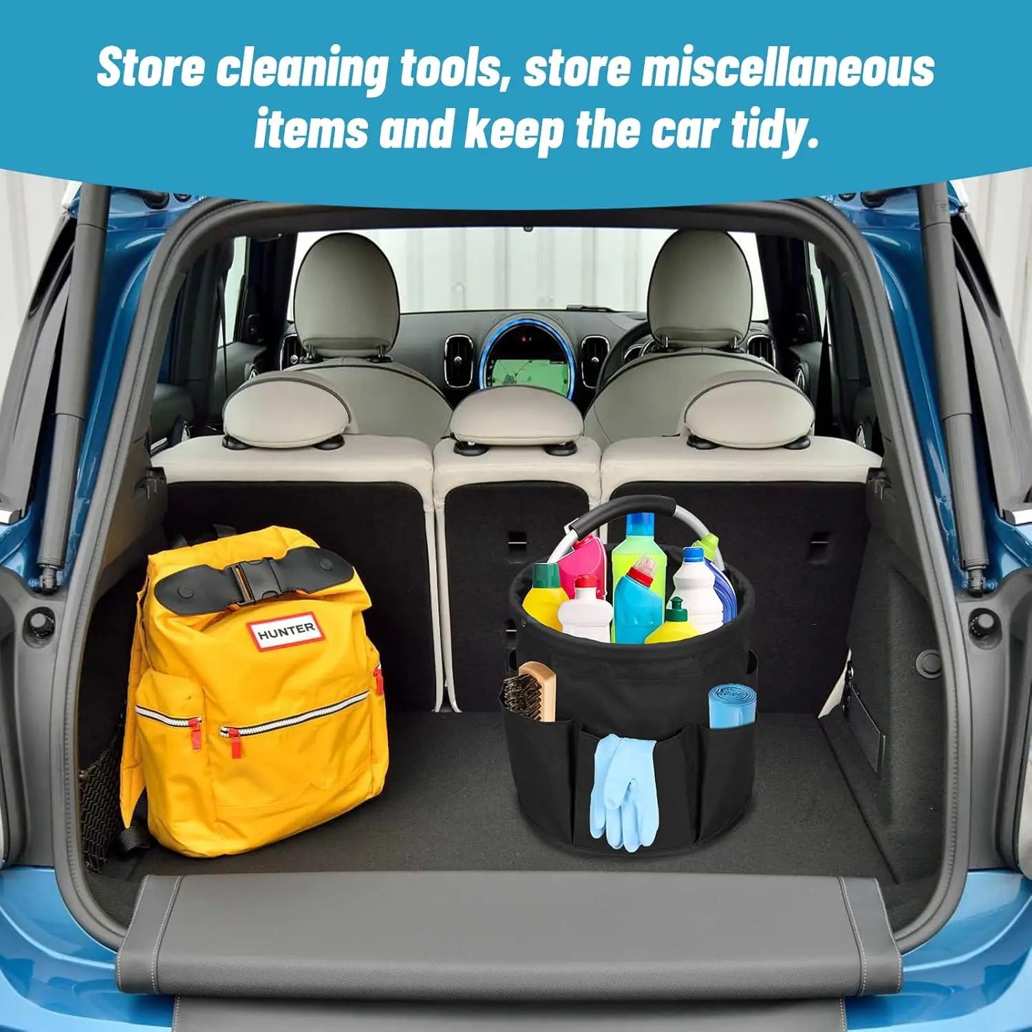 Foldable Cleaning Caddy with Handle and Pockets, 17L Capacity