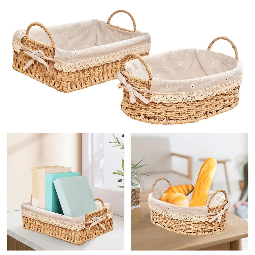 Handwoven storage baskets shown empty and styled on a kitchen and living room table