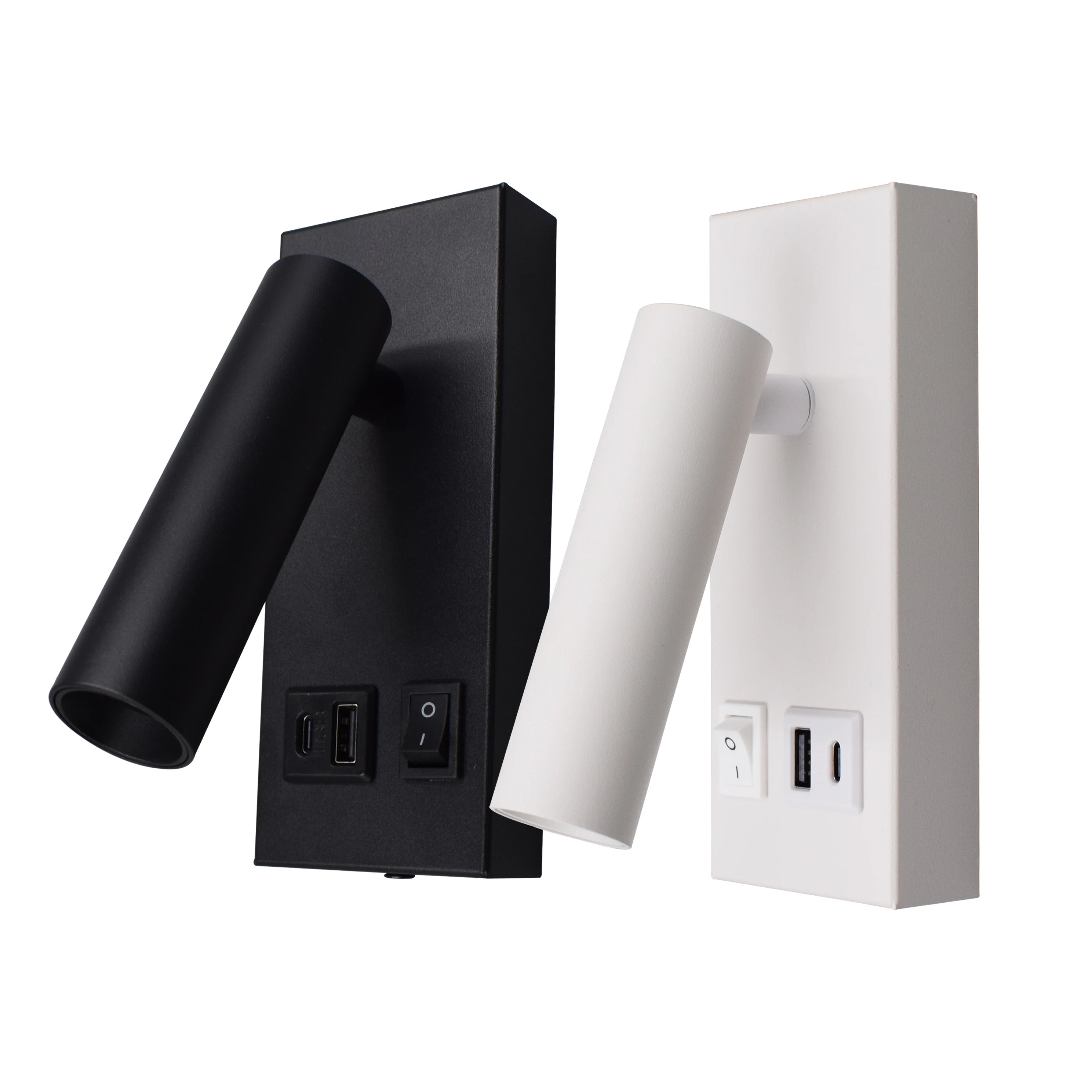 Black and white wall-mounted adjustable reading lights with USB and Type-C charging ports
