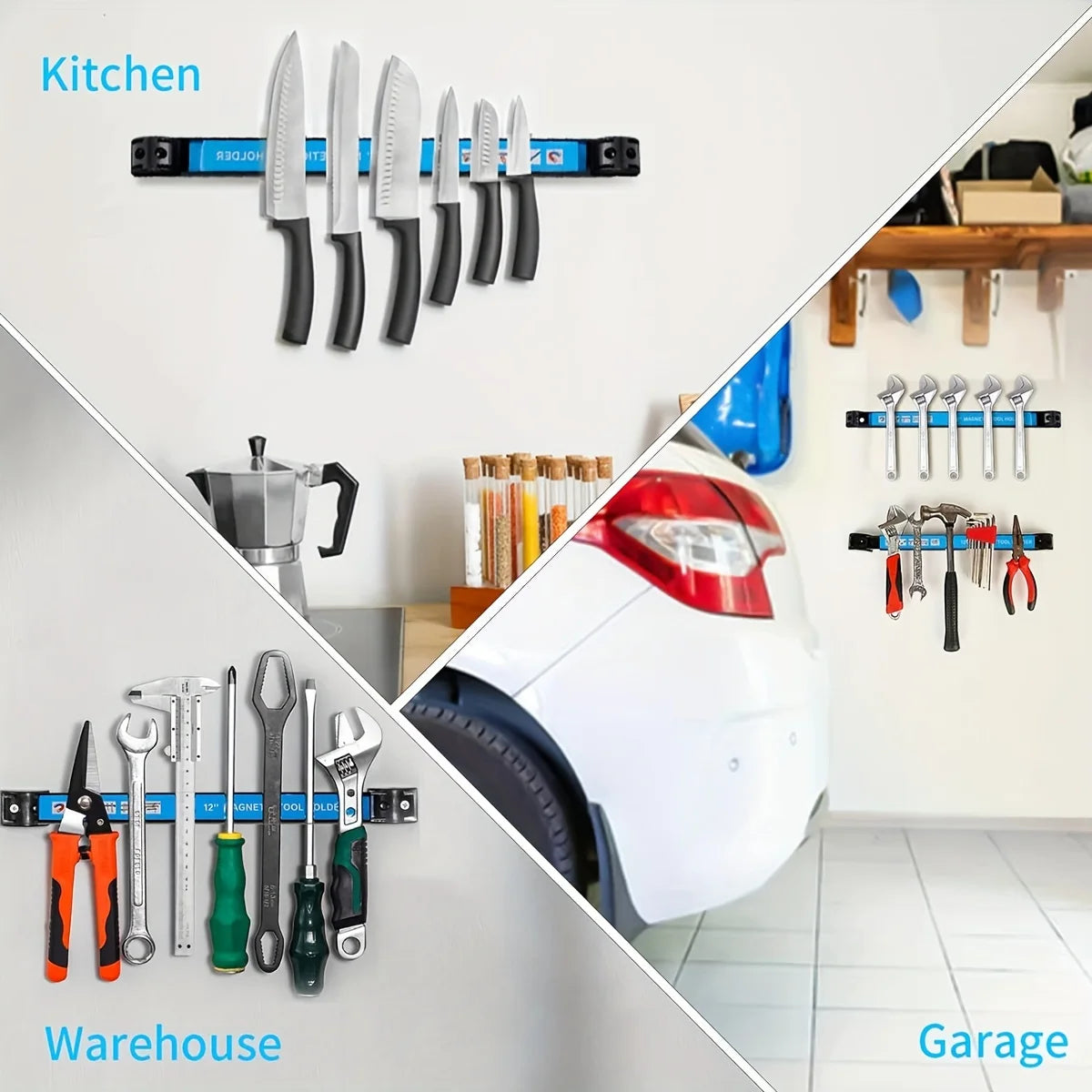 Kitchen, garage, and warehouse scenes showing magnetic tool strips used to organize knives, hand tools, and utensils