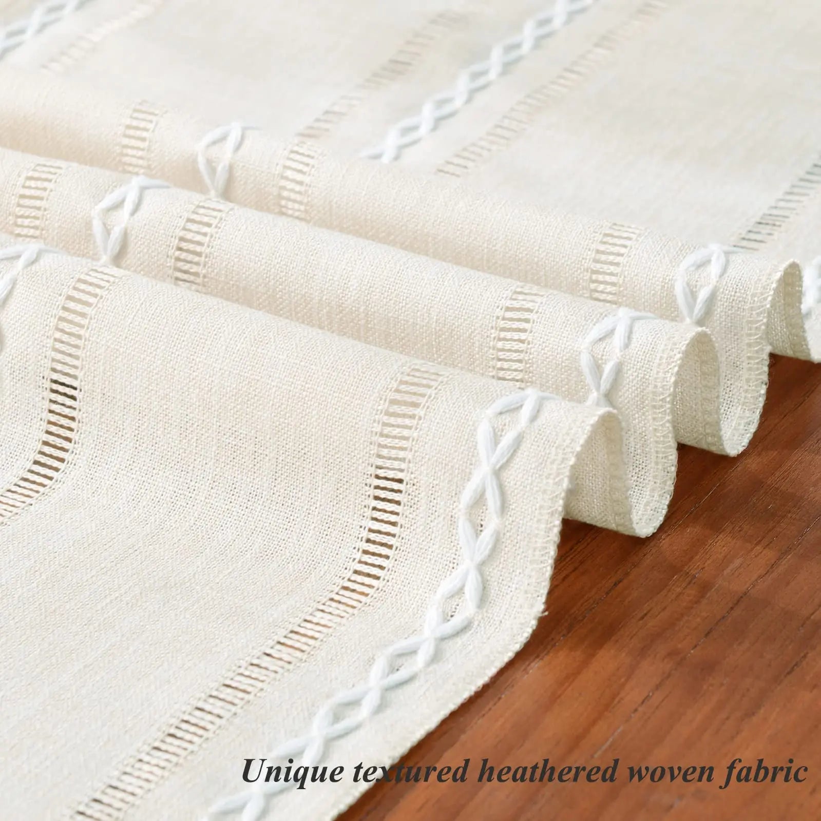 close-up of ivory hemstitched linen table runner showing woven fabric texture