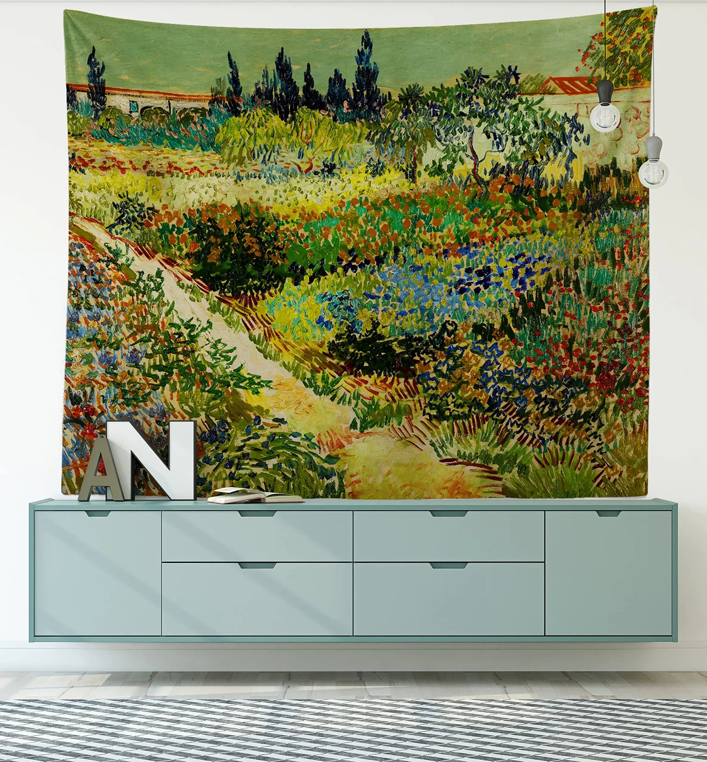 Van Gogh-style tapestry with colorful garden landscape displayed behind storage unit