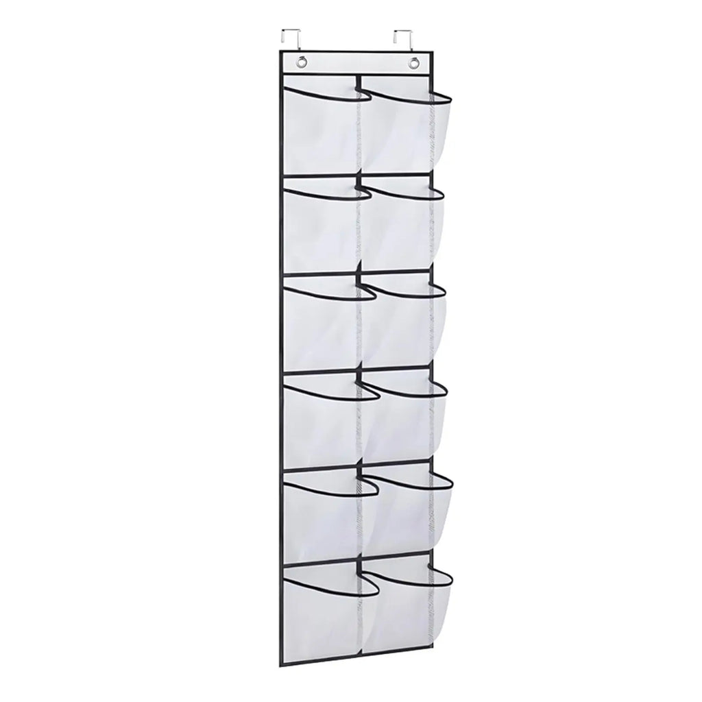 white mesh over-door shoe organizer with 12 pockets and metal hooks
