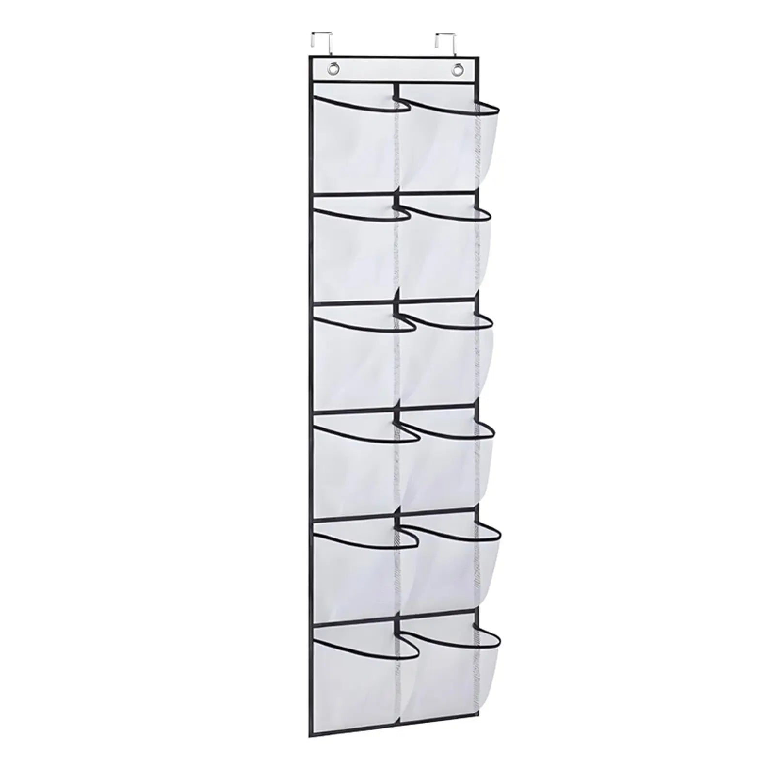 white mesh over-door shoe organizer with 12 pockets and metal hooks