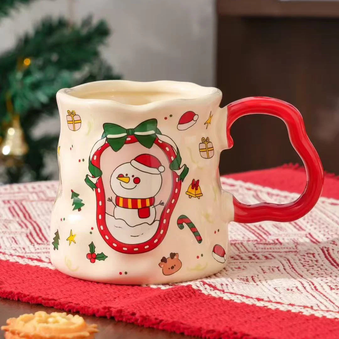 Festive Ceramic Christmas Mug Set with Snowman, Santa, Reindeer, and Tree Patterns – 380ml Holiday Drinkware