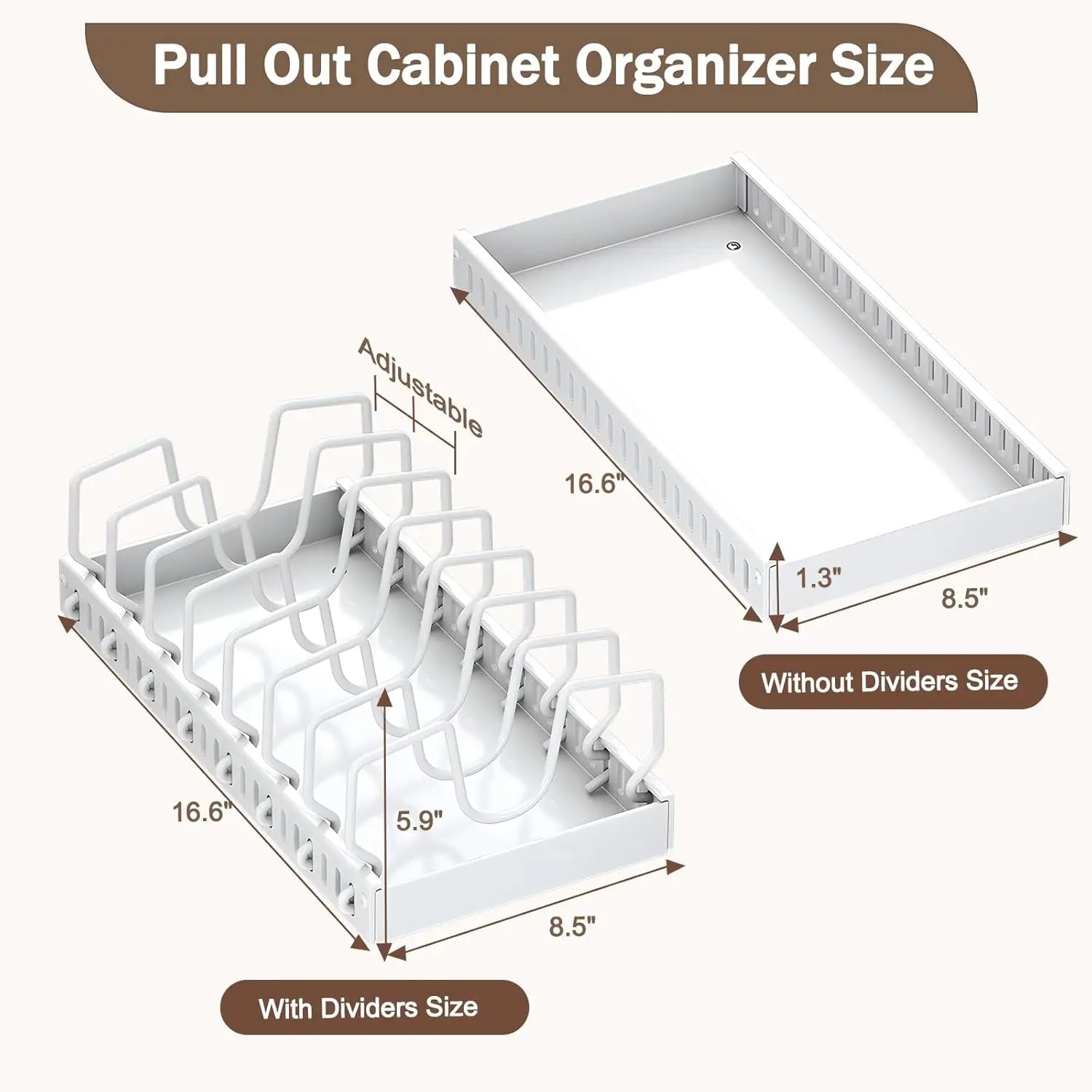 pull-out pot and pan organizer size diagram with and without dividers