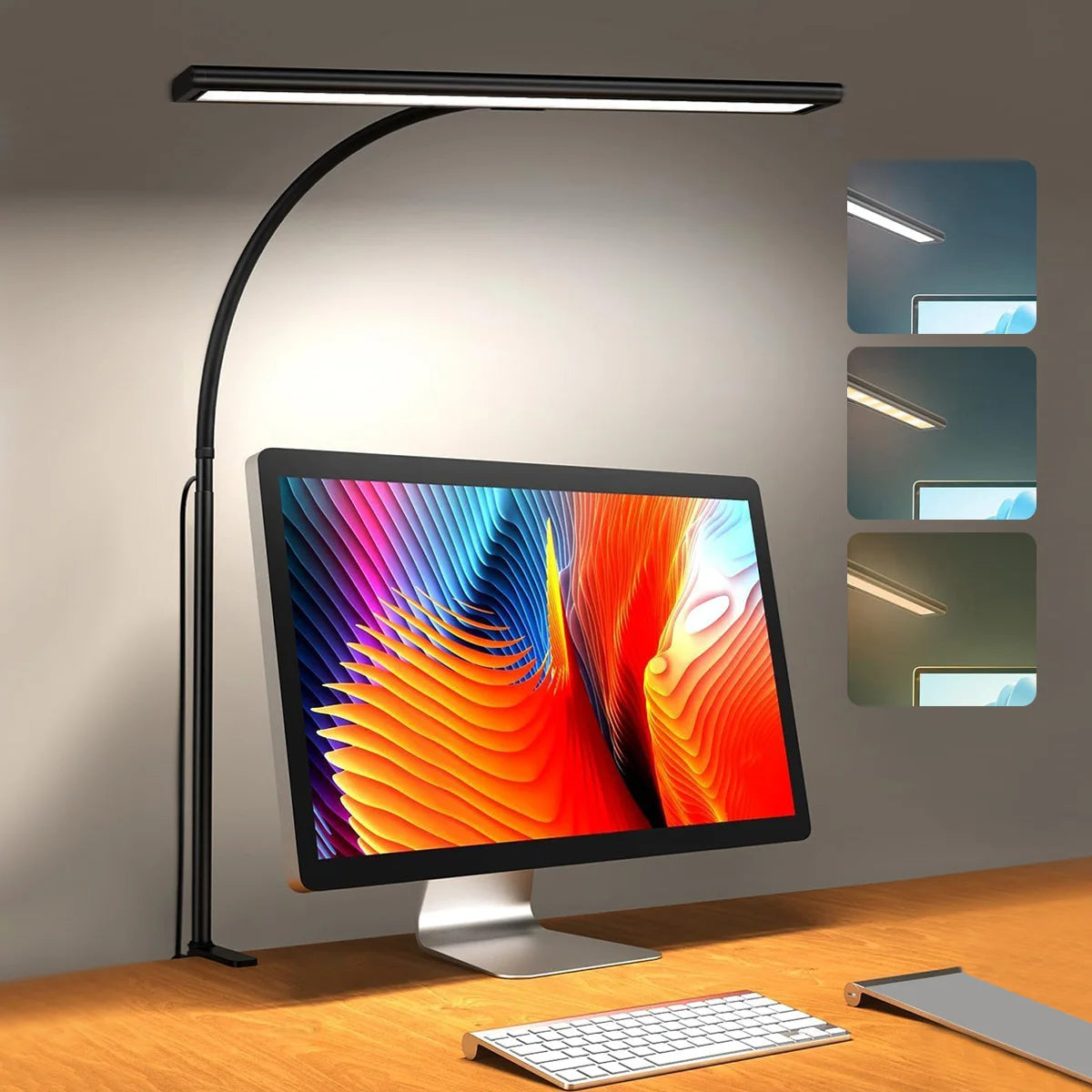 LED desk lamp with clamp attached to desk beside computer monitor, showing light coverage and adjustable color temperatures