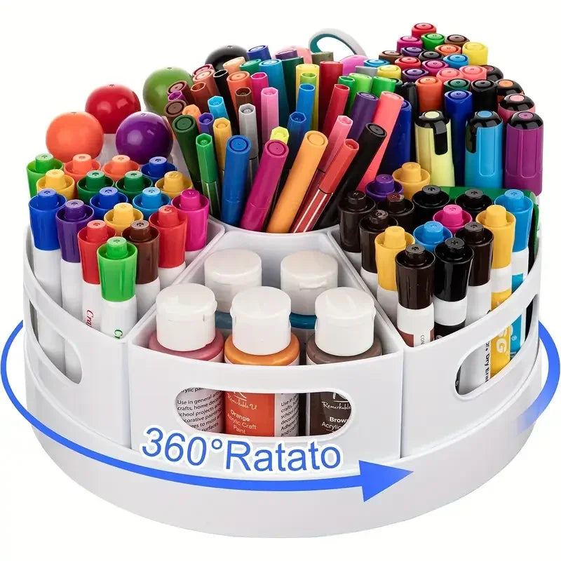 360 degree rotating white desk organizer with 7 filled removable bins for pens and markers