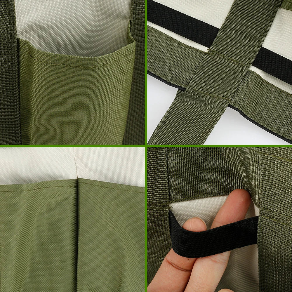 Close-up collage of garden tote bag detailing deep pockets, reinforced handles, and Oxford cloth fabric