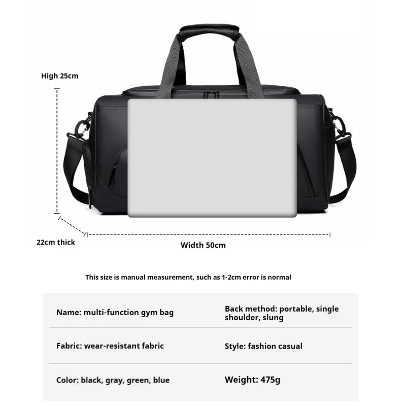 Gym duffel bag with labeled dimensions, showing compartments and strap options