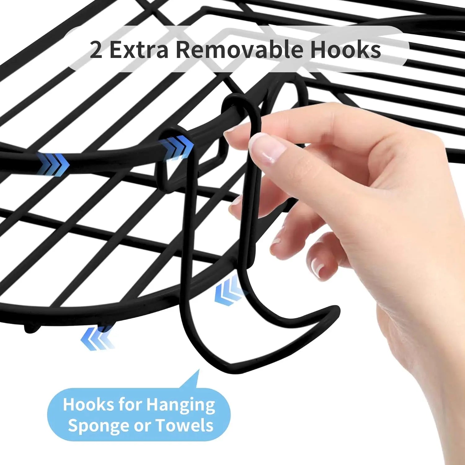 Hand attaching a removable hook to the wire corner shelf for hanging towels or sponges