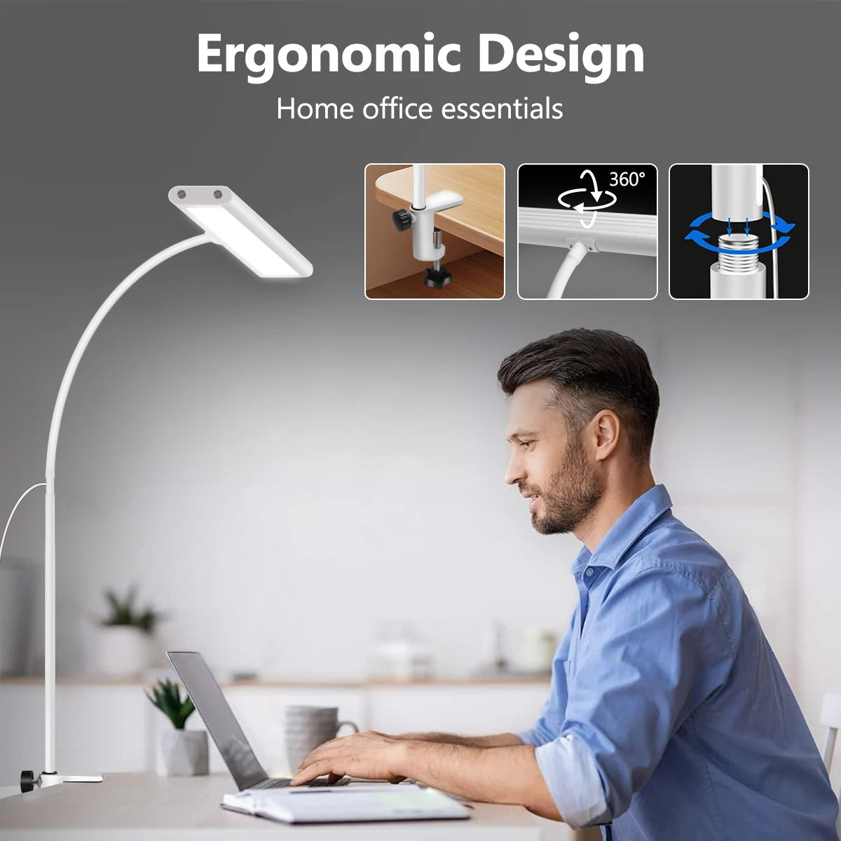 White clamp LED desk lamp with ergonomic design demonstrated by a person working at a laptop