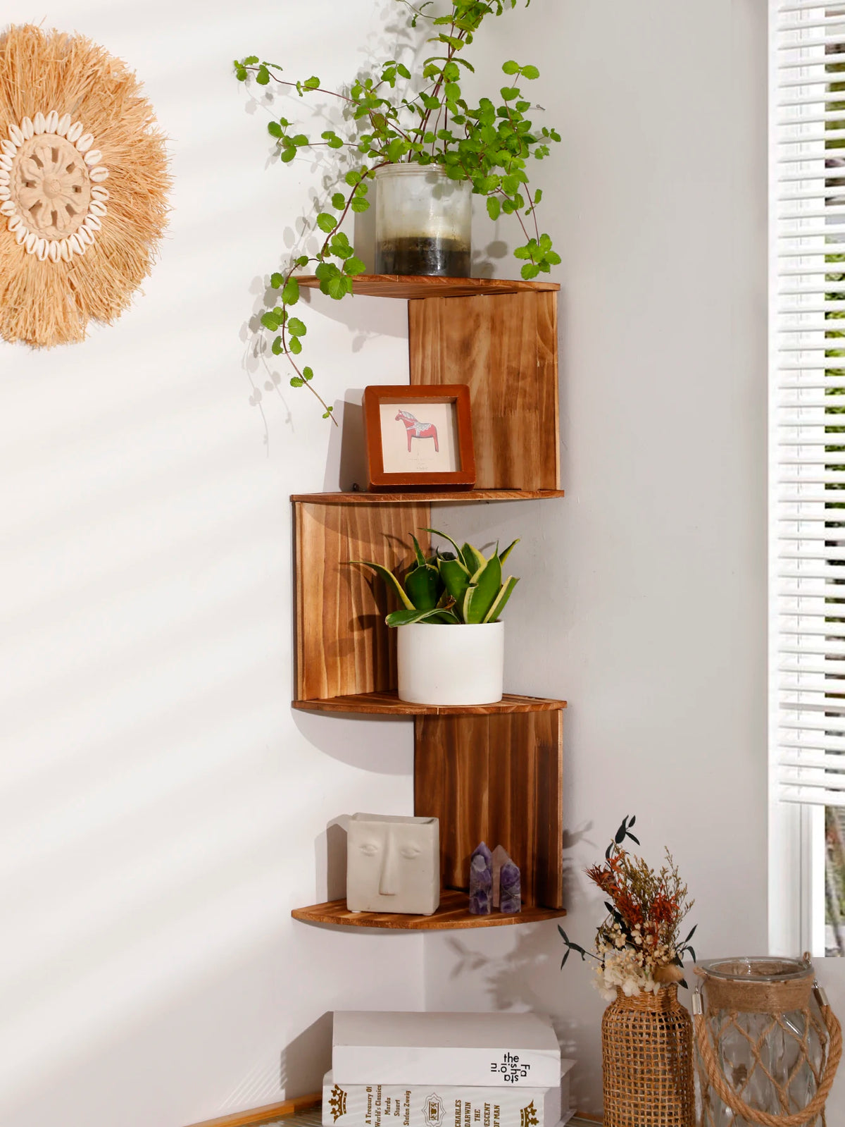 5-tier wooden corner floating shelf used for plants and decor in a living room