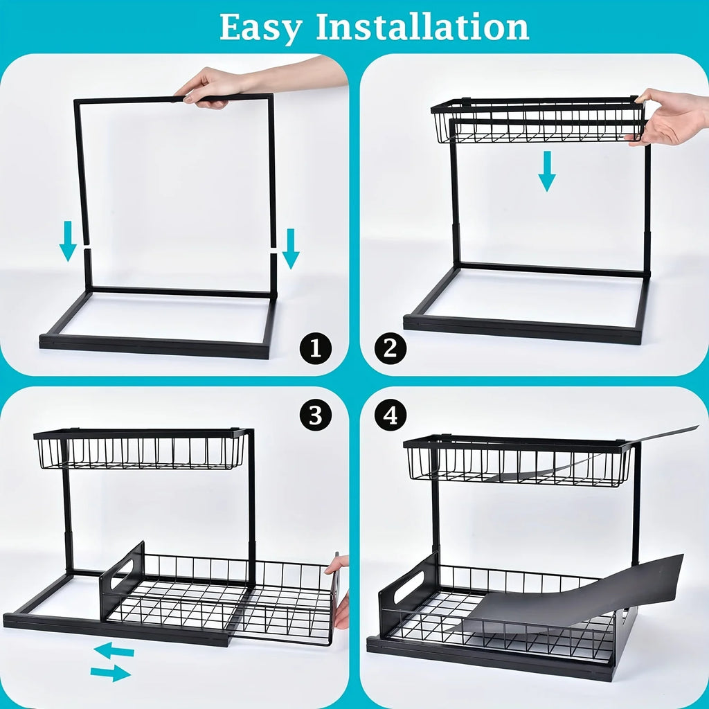 Step-by-step assembly instructions for two-tier pull-out metal organizer on white background