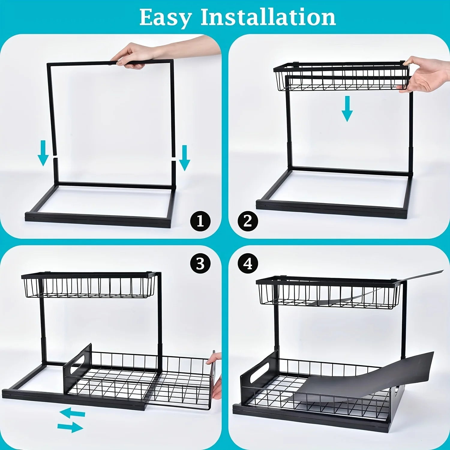 Step-by-step assembly instructions for two-tier pull-out metal organizer on white background