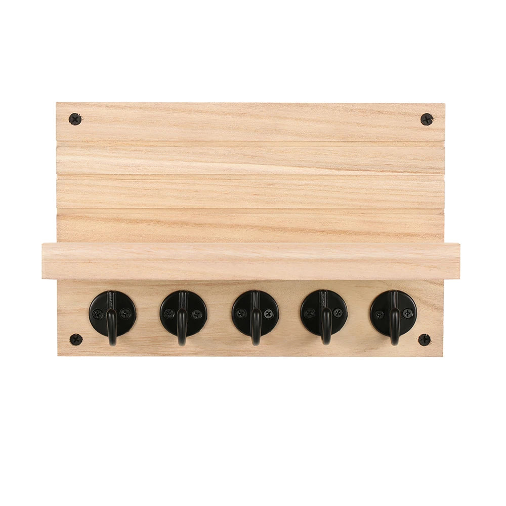 Wall-Mounted Wooden Key and Mail Holder Shelf with 5 Hooks for Entryway Organization