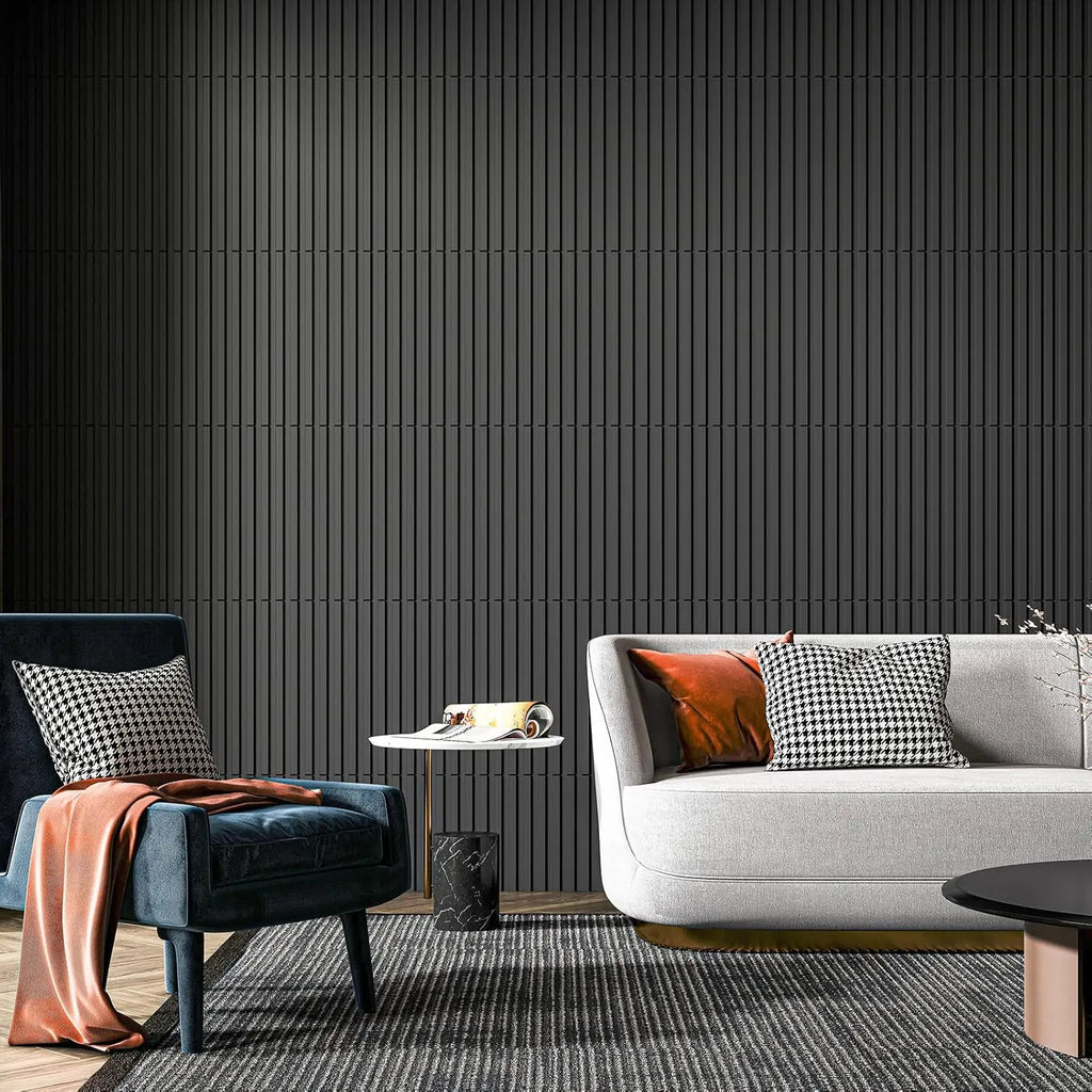 Modern living room with black 3D wall panels and contemporary furniture