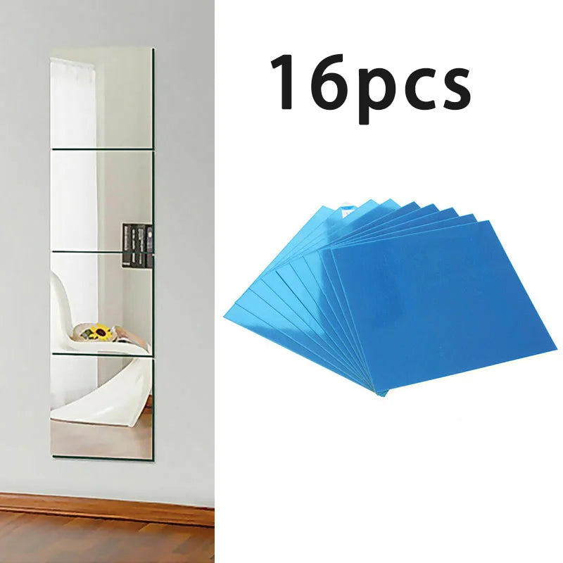Vertical arrangement of 16 square mirror wall tiles next to a stack of blue protective film tiles